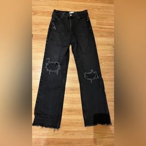 zara black ripped wide leg high rise jeans